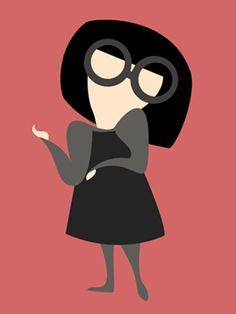 a woman with glasses and a black dress is pointing her finger at something on the wall