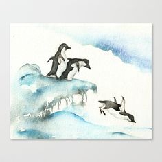 three penguins are flying over an iceberg in watercolor and ink on white paper