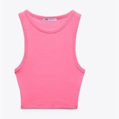 Zara Ribbed T-Shirt Trendy Tank T-shirt For Spring, Summer Crop Top With Ribbed Crew Neck, Ribbed Crew Neck Crop Top For Summer, Crew Neck Crop Top With Ribbed Neckline For Summer, Ribbed Fitted Top T-shirt For Summer, Summer Ribbed Fitted T-shirt, Spring Pink Crew Neck Tank Top, Pink Crew Neck Tank Top For Spring, Spring Cotton Crop Top With Ribbed Neckline