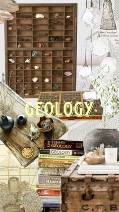 a collage of old books and other items with the words gology on them