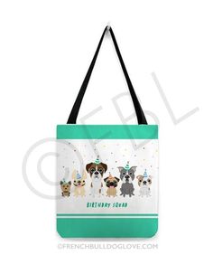 a tote bag with three dogs wearing party hats and streamers on the side