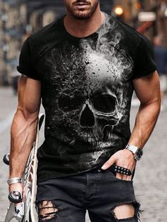 Upgrade your summer wardrobe with our Men's Casual Skull Print T-Shirt. Made with soft, breathable fabric, this short-sleeved shirt features a stylish crew neck design and a bold skull print. Perfect for casual wear, this shirt will keep you cool and comfortable all season long. Color : Black Style : Casual, Street Pattern Type : Animal, Halloween Neckline : Round Neck Sleeve Length : Short Sleeve Sleeve Type : Regular Sleeve Length : Regular Fit Type : Regular Fit Fabric : Slight Stretch Material : Fabric Composition : 100% Polyester Care Instructions : Machine wash, do not dry clean Sheer : No Size US Shoulder Length Sleeve Length Bust S 36 44.5 70 23.5 104 M 38 46 72 24 108 L 40 47.8 74 24.5 113 XL 42 49.6 76 25 118 XXL 44 51.4 78 25.5 123 XXXL 46 53.2 80 26 128 Tree Slogan, Sport Fashion Man, Tropical Vibes, Mens Fashion Summer, Skull Print, Green Fashion, Men's Casual, Neck Designs, Palm Tree