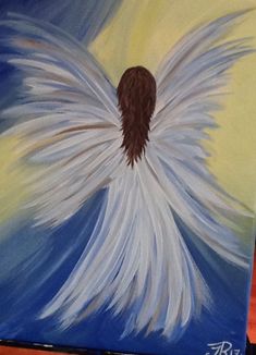 a painting of an angel with white wings on a blue and yellow background is shown