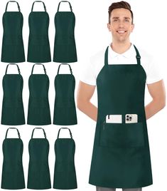 a man in green aprons and white shirt with six different styles of aprons