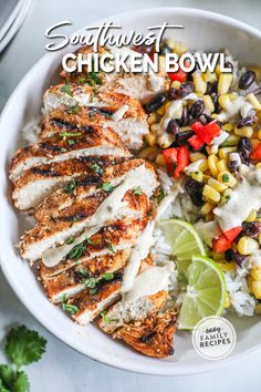 the cover of southwest chicken bowl with corn, black beans, and cilantro