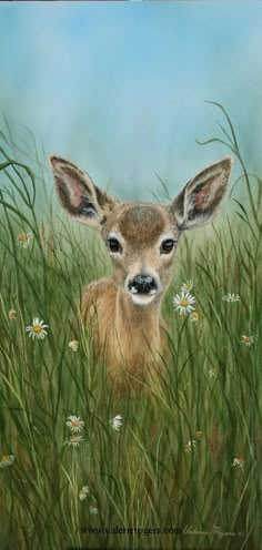 a painting of a deer in tall grass