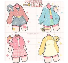 the paper doll has four different outfits on it