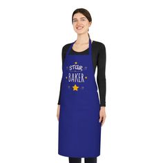 a woman wearing an apron that says state baker with stars on the front and back