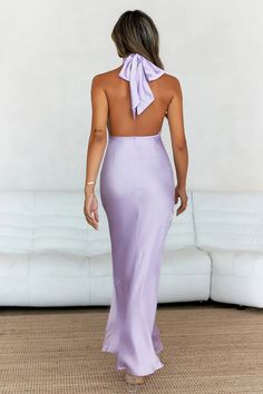 Length from shoulder to hem of size S: 132cm.   Chest 32cm, Waist 31cm, size S.    Maxi dress.  Semi-lined.  Model is a standard XS and is wearing size XS.  True to size.  Non-stretch.  V-neck.  Adjustable tie-up.  Zipper.  Cold hand wash only.  Polyester/Spandex.                  Bring the class in the Pleased Satin Halter Maxi Dress. Featuring a V-neck and adjustable tie-up. Style with heels and curls for an impressive look. Lilac Wedding Guest Dress, Lilac Satin Dress, Dress Lilac, Halter Neck Maxi Dress, Sequin Prom Dresses, Halter Maxi Dress, Prom Dress Shopping, Summer Inspo, Halter Maxi