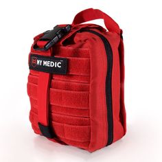 a red medical bag with black straps and the words my medic written on it