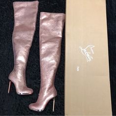 These Boots Are Lady Gaga Worthy And Stage Ready! Brand New In Box With Original Dust Bags. Size 37. I Purchased These Right Before “C” Lockdowns For My Bottle Service Night Club Bday Party And Just Never Wore Them. They Are The Most Beautiful Pair Of Cl Boots I’ve Ever Seen. Elegant Pink Heeled Boots With Round Toe, Elegant Gold Knee-high Boots For Evening, Elegant Pink Fitted Heeled Boots, Luxury Knee-high Boots For Party, Luxury High Heel Knee-high Boots For Party, Pink Leather Evening Boots, Luxury Pink Pointed Toe Boots, Elegant Pink Evening Boots, Pink Leather Knee-high Boots For Party