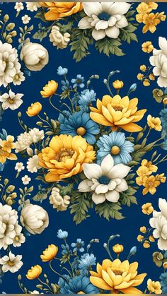 a blue background with yellow, white and blue flowers on the bottom right hand corner