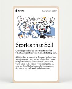 an advertisement for stories that sell on the back of a card with two cartoon characters