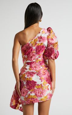 One-shoulder Floral Print Mini Dress For Day Out, Multicolor Floral Print One Shoulder Mini Dress, Luxury Floral Print Mini Dress With Puff Sleeves, Luxury Pink Floral Print Mini Dress, Multicolor Floral Print One-shoulder Mini Dress, White Heels, Puffed Sleeves Dress, Tie Knots, Party Looks