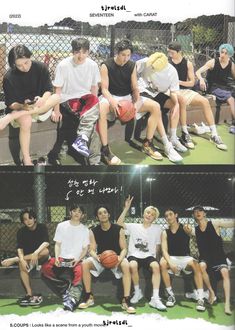 two pictures of boys sitting on a bench with basketballs