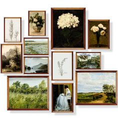 a bunch of paintings that are hanging on the wall in front of each other with flowers