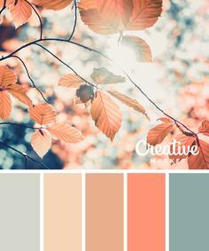 the color palette is peach, blue and green with some red leaves on it's branches