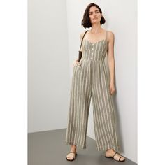 Green stripe (100% Linen). Jumpsuit. Sleeveless. Sweetheart neckline. Pull-on. 55" from shoulder to hemline. 26" inseam. 13.5" rise. Imported. Striped Sleeveless Jumpsuits And Rompers For Spring, Chic Striped Jumpsuits And Rompers For Summer, Sleeveless Striped Jumpsuits And Rompers For Spring, Casual Striped Jumpsuits And Rompers For Summer, Striped Sleeveless Jumpsuit For Spring, Casual Summer Jumpsuits And Rompers With Vertical Stripes, Striped Sleeveless Jumpsuits And Rompers For Day Out, Sleeveless Striped Jumpsuits And Rompers For Day Out, Striped Jumpsuits For Spring Day Out