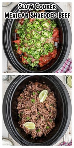 slow cooker mexican shredded beef in the crock pot with limes and jalapenos