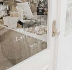 the front door of a store with an advertisement on it's glass window that says time together tuesday, sunday, 11 00pm