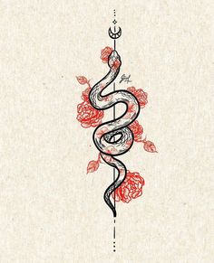 a drawing of a snake with roses on it's tail and an arrow in the middle