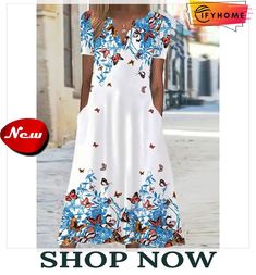 Women's Casual Dress Shift Dress Swing Dress Floral Butterfly Pocket Print V Neck Midi Dress Active Fashion Outdoor Vacation Short Sleeve Regular Fit White Blue Green Spring Summer S M L Xl Xxl Light Blue Summer Dresses With Pockets, Light Blue Summer Dress With Pockets, Blue Short Sleeve Dress With Pockets, Blue Maxi Dress With Pockets For Spring, White Midi Dress With Pockets And Short Sleeves, Light Blue V-neck Dress With Pockets, Blue V-neck Dress With Pockets, Blue Shift Dress With Pockets, V-neck Shift Dress With Pockets