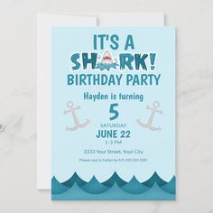 a shark birthday party card with an anchor