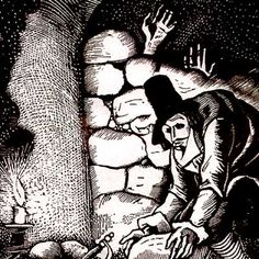 a black and white drawing of a man cooking food