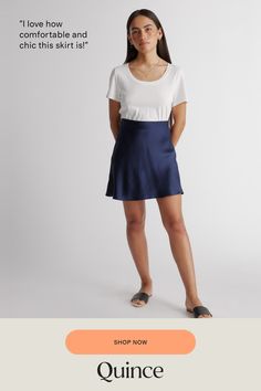 It's mini in length but maximum style points. The washable silk mini skirt is made from 100% washable mulberry silk in a satin finish. Pairs perfectly with our silk cami and has a hidden elastic waistband for easy fit.  | Quince | Women's Washable Silk Mini Skirt in Navy, Size Medium, Mulberry Silk Silk Mini Skirt, Silk Cami, Chic Shop, Silk Skirt, Mulberry Silk, Quince, Satin Finish, Mini Skirt, Shopping Outfit