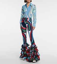 Pucci - Ruffled printed jersey pants | Mytheresa Summer Ruffle Bottoms In Elastane, Chic Flared Bottoms With Ruffles, Chic Bottoms With Ruffles And Flared Hem, Chic Ruffled Bottoms With Flared Hem, Fitted Pants With Flared Cuffs For Spring, Spring Fitted Pants With Flared Cuffs, Fitted Flare Pants With Ruffles, Fitted Ruffled Flare Pants, Fitted Ruffle Flare Pants