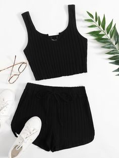 Black Casual  Short Sleeve Cotton Plain  Embellished Slight Stretch Summer Women Co-ords Shein Brasil, Knitting Girls, Cute Simple Outfits, Inspiration Mode, Knitted Tank Top, Knit Tanks, Two Piece Outfit, Black Casual, Simple Outfits