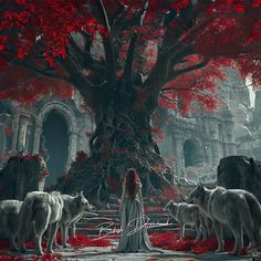 a woman standing in the middle of a forest surrounded by white and red wolfs