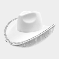 Rhinestone Stone Paved Fringe Around Cowgirl Hat Color: White Crown Circumference: 23" Crown Height: 4.5" Brim Height: 3.75" Material: 35% Cotton, 65% Polyester Western Mini Hat With Flat Brim For Party, Western Style Mini Hat With Flat Brim For Party, Adjustable Summer Hats With Bling, White Hats With Rhinestones And Curved Brim, White Rhinestone Hat With Curved Brim, Silver Wide Brim Costume Hat With Adjustable Fit, Silver Wide Brim Adjustable Costume Hat, Silver Adjustable Wide Brim Costume Hat, Western Style Adjustable Hat With Rhinestone Fringe