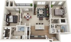 the floor plan of a two bedroom apartment with an attached kitchen and living room area