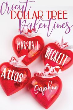 three red heart shaped ornaments with words on them that read crict - art tree valentine's