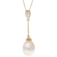 "Add an elegant touch to your attire with this lustrous freshwater cultured pearl pendant. Add an elegant touch to your attire with this lustrous freshwater cultured pearl pendant. Pendant size: 1 1/8""L x 1/3""W Length: 18 in. Clasp: spring-ring Chain type: rope Metal: 10k gold Finish: polished Packaging: boxedCULTURED PEARL DETAILS Type: freshwater Size: 8.5 mm - 9 mm Shape: oval Color: whiteDIAMOND DETAILS Shape: round Setting: prong Total weight: less than 1/10 ct. Color grade: H-I Clarity: Elegant Pear-shaped Drop Necklace For Formal Occasions, Classic Pendant Drop Necklace For Formal Occasions, Elegant Yellow Gold Drop Necklace For Anniversary, Formal Pear-shaped Pearl Necklace, Luxury Pearl Drop Necklace With Briolette Shape, Luxury Briolette Pearl Drop Necklace, Luxury Pear-shaped Pearl Drop Necklace, Luxury Drop Pearl Necklace, Classic Yellow Gold Drop Necklace