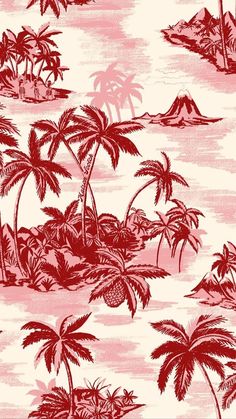 a red and white wallpaper with palm trees on the beach in front of an island