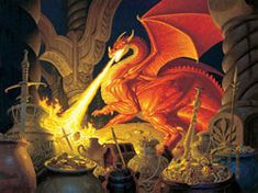 a painting of a dragon in the middle of a dark room with fire coming out of it's mouth