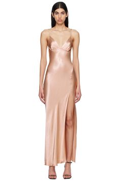 Bec + Bridge: Gold Ren Split Maxi Dress | SSENSE Elegant V-neck Slip Dress With Side Slits, Formal V-neck Slip Dress With Side Slits, Fitted Silk Dress With Satin Finish And V-neck, Fitted V-neck Slip Dress For Gala, Satin Silk V-neck Dinner Dress, Satin V-neck Silk Dress For Dinner, V-neck Satin Silk Dress For Dinner, Fitted V-neck Slip Dress In Modal Satin, Silk Backless Slip Dress For Gala