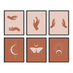 six framed art prints with hands and symbols in brown, pink and beige colors on the wall