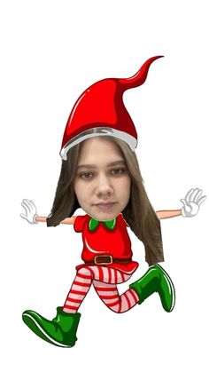 a girl with long brown hair wearing a santa hat and green boots is running through the air