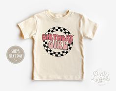 "✿ Welcome to Pint Sized Premium! ✿ Our goal is to bring you the cutest and trendiest designs on the highest quality onesies and shirts. All of our products are designed, printed, pressed, and shipped next business day from our Upstate New York boutique. Things to know: - Each item is handmade to order! - We carry several different brands, including Gerber Premium, Rabbit Skins, and Bella Canvas. Please see our size chart below :) - Machine wash cold, tumble dry low. To preserve the print for lo Trendy Pink T-shirt For Birthday, Pink Graphic Tee For Birthday, Third Birthday Girl, Checkered Outfit, Toddler Size Chart, White Onesie, 2 Birthday, Girl Toddler, Upstate New York