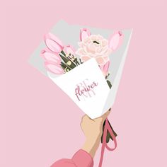 a hand holding a bouquet of flowers with the word flower written on it and pink background