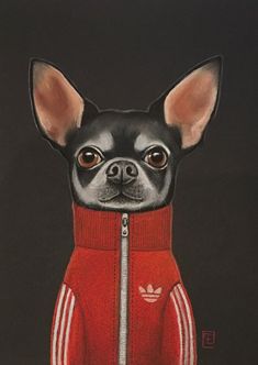 a painting of a small dog wearing a red jacket with white stripes on it's chest