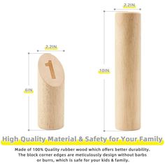 a wooden mallet with the measurements for each piece in front of it and an image of