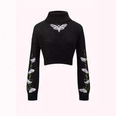 Color: Black, Size: XL Cropped Pullover, Butterfly Embroidery, Casual Sweater, Fabric Collars, Khaki Color, Cropped Style, Casual Sweaters, Clothing Size Chart, Womens Clothing Sizes