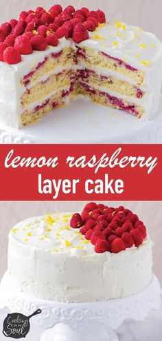 lemon raspberry layer cake with white frosting and fresh raspberries on top