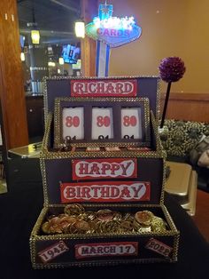 a casino machine sitting on top of a table with happy birthday signs in front of it