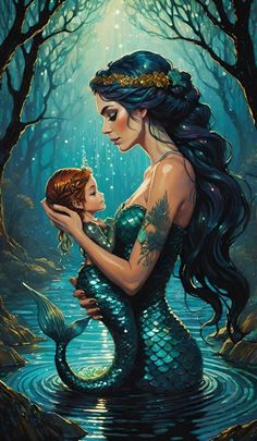 a painting of a mermaid holding a child