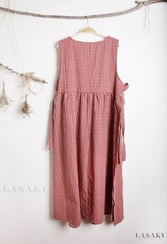 Lasaky - Forest Sweet Layered V-Neck Dress with Checkered Cotton Linen, Tie Straps, and Sleeveless Design Sleeveless Gingham Dress For Vacation, Sleeveless Gingham Beach Dress, Red Sleeveless Dress For Picnic, Sleeveless Gingham Sundress For The Beach, Sleeveless Gingham Summer Dress, Picnic Gingham Sleeveless Dress, Gingham Sleeveless Dress For Picnic, Sleeveless Gingham Dresses For Daywear, Sleeveless Gingham Sundress For Picnics